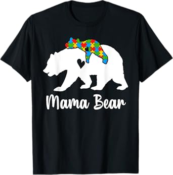 Mama Bear Love Support Autism Awareness Bear Family T-Shirt