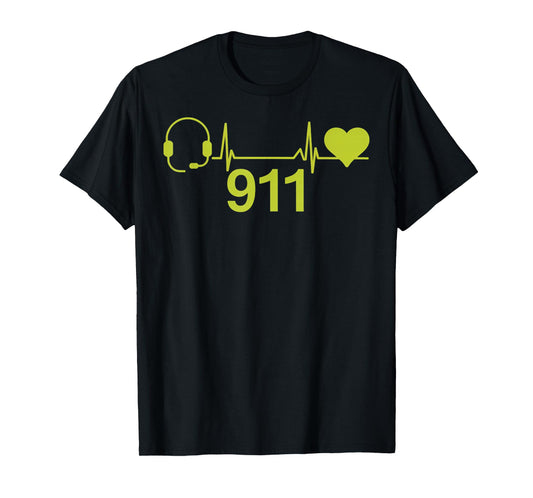 911 Headset Heart Emergency Responder Yellow 911 Dispatcher T-Shirt