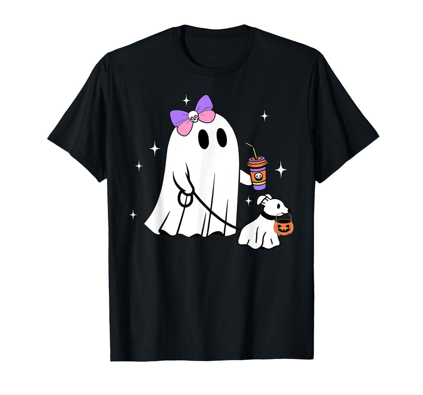 Halloween Cute Ghost Walking Dog Spooky Coquette Ghost Women T-Shirt
