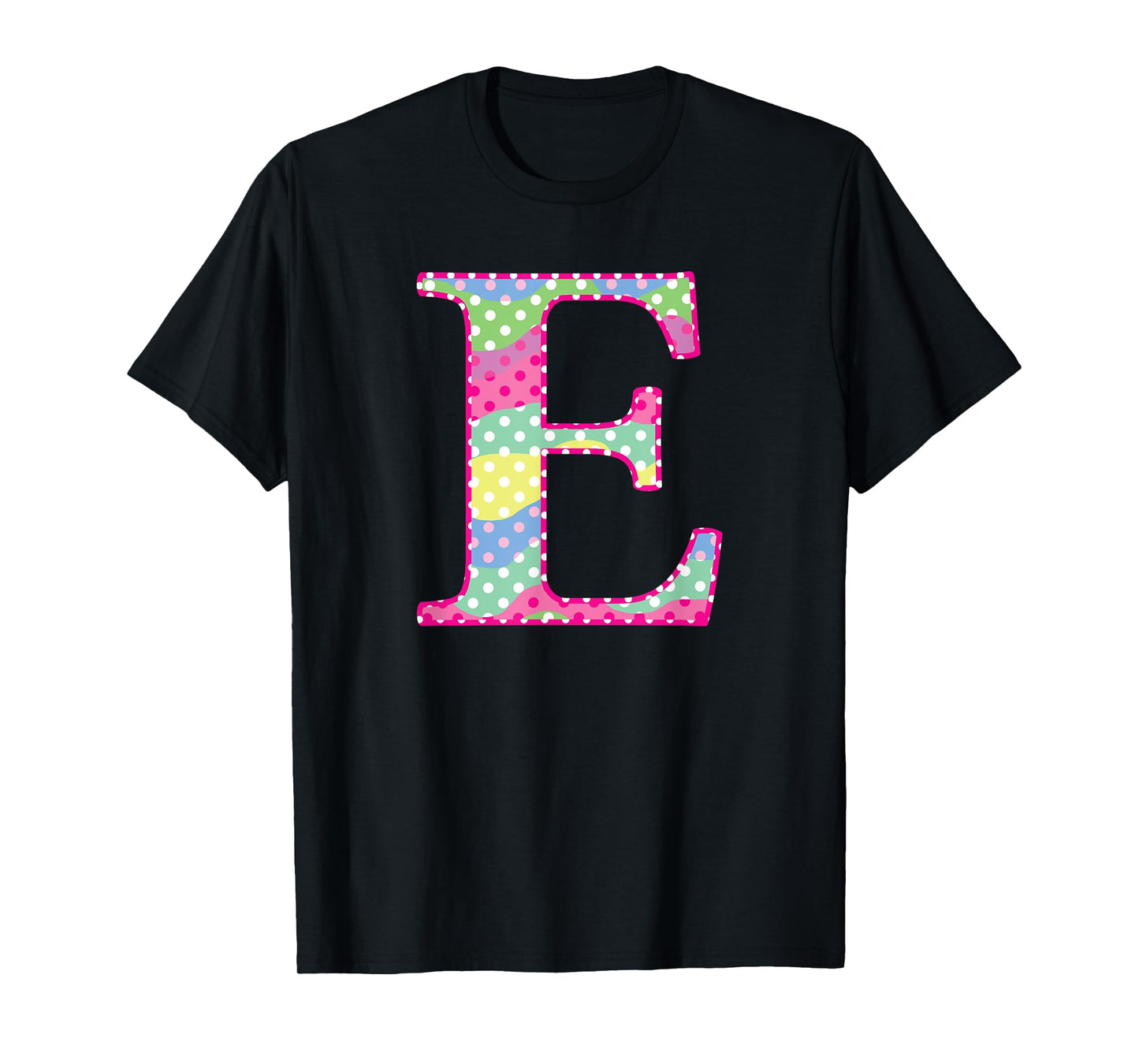 Girls Colorful Rainbow Polka Dot Monogram Initial Letter E T-Shirt
