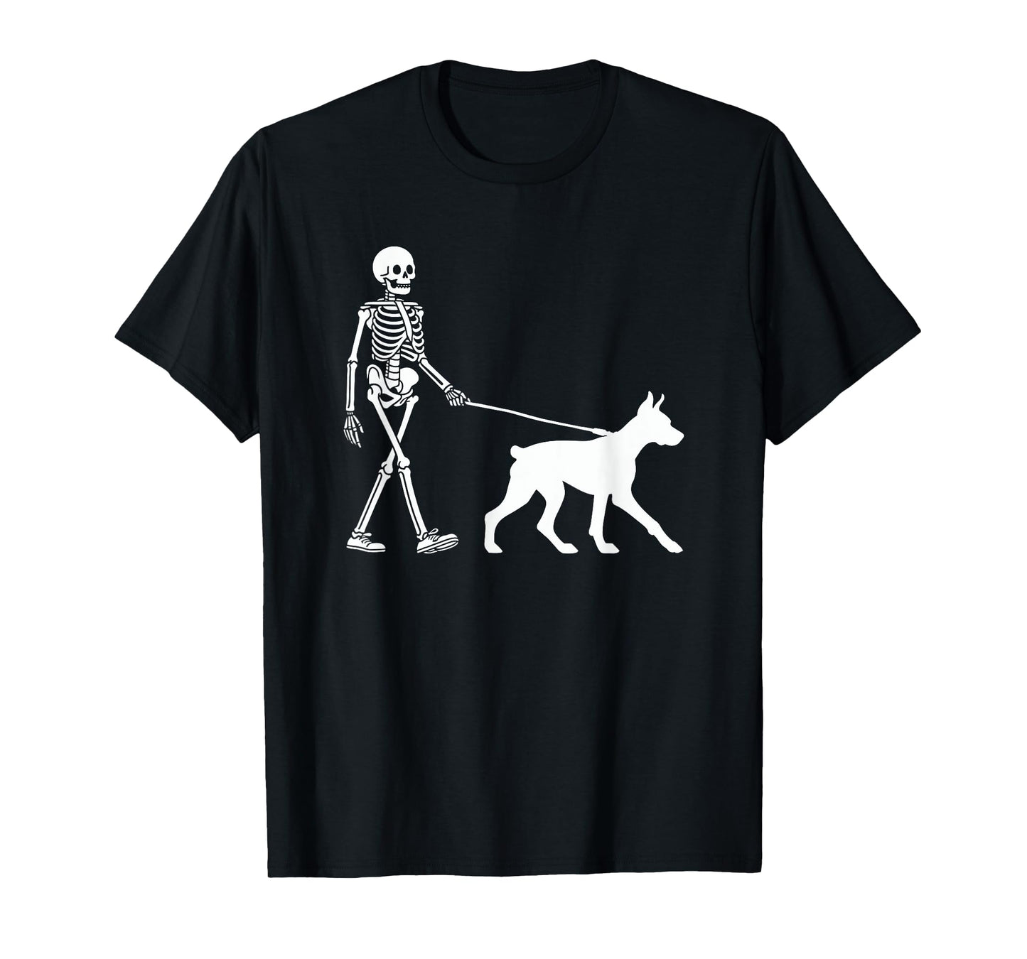 Skeleton Walking a Dog Doberman Pinscher Halloween Outfit T-Shirt