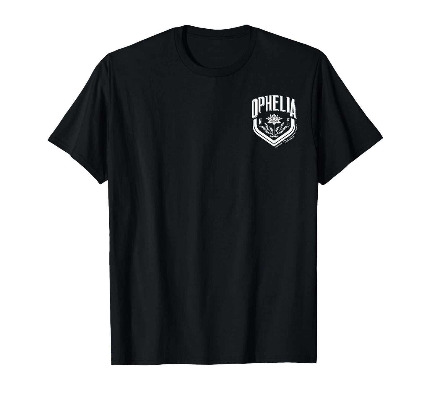 Wednesday Season 2 Ophelia Left Pocket Retro White Logo T-Shirt