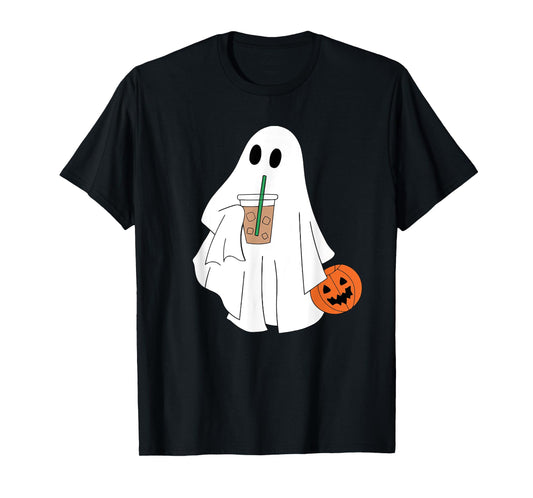 Cute Ghost Drinking Coffee Halloween Ghost Ice Coffee Womens T-Shirt