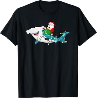 Santa Riding Hammerhead Shark Christmas Light Kids Boys Men T-Shirt