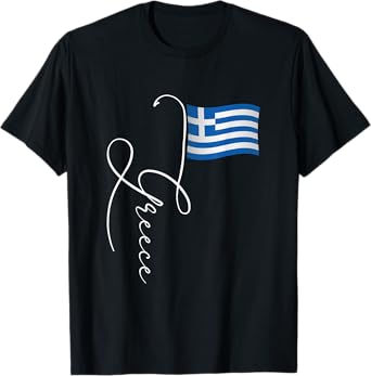 Family Heritage Gifts Greece Signature Flag Pole T-Shirt - Unisex-Adults & Kids, Black, Short Sleeve, Classic Fit, Crew Neck, Retro Greek Flag Design