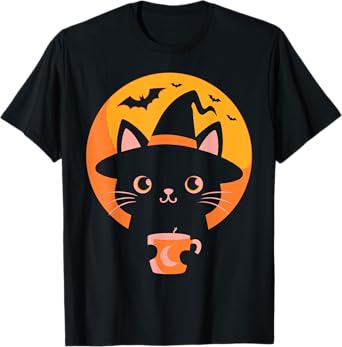 Witch Cat with Halloween Coffee Mug and Flying Bats T-Shirt