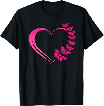 Hot Pink Heart with Pink Butterflies for Women and Girls T-Shirt
