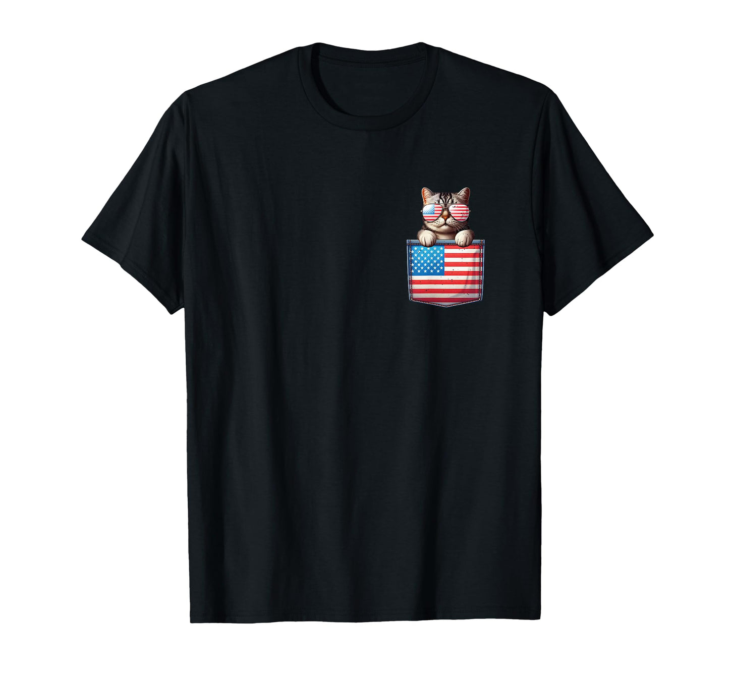 Cat American Flag Pocket 4th Of July Patriotic Kitten Lover T-Shirt for Men Women Kids