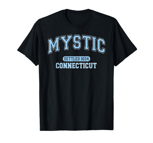 Mystic Connecticut Settled 1654 Vintage Arched Pale Blue T-Shirt