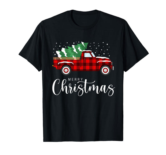 Merry Christmas Red Truck Buffalo Plaid Xmas Retro Vintage T-Shirt