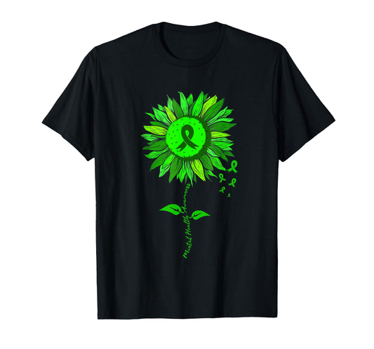 Mental Health Awareness Sunflower Green Ribbon Stigma T-Shirt