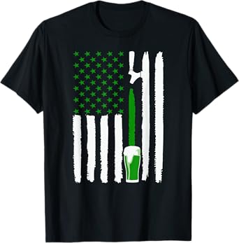 Green St Patricks Day Beer American Flag Patriotic Irish Bar T-Shirt for Men