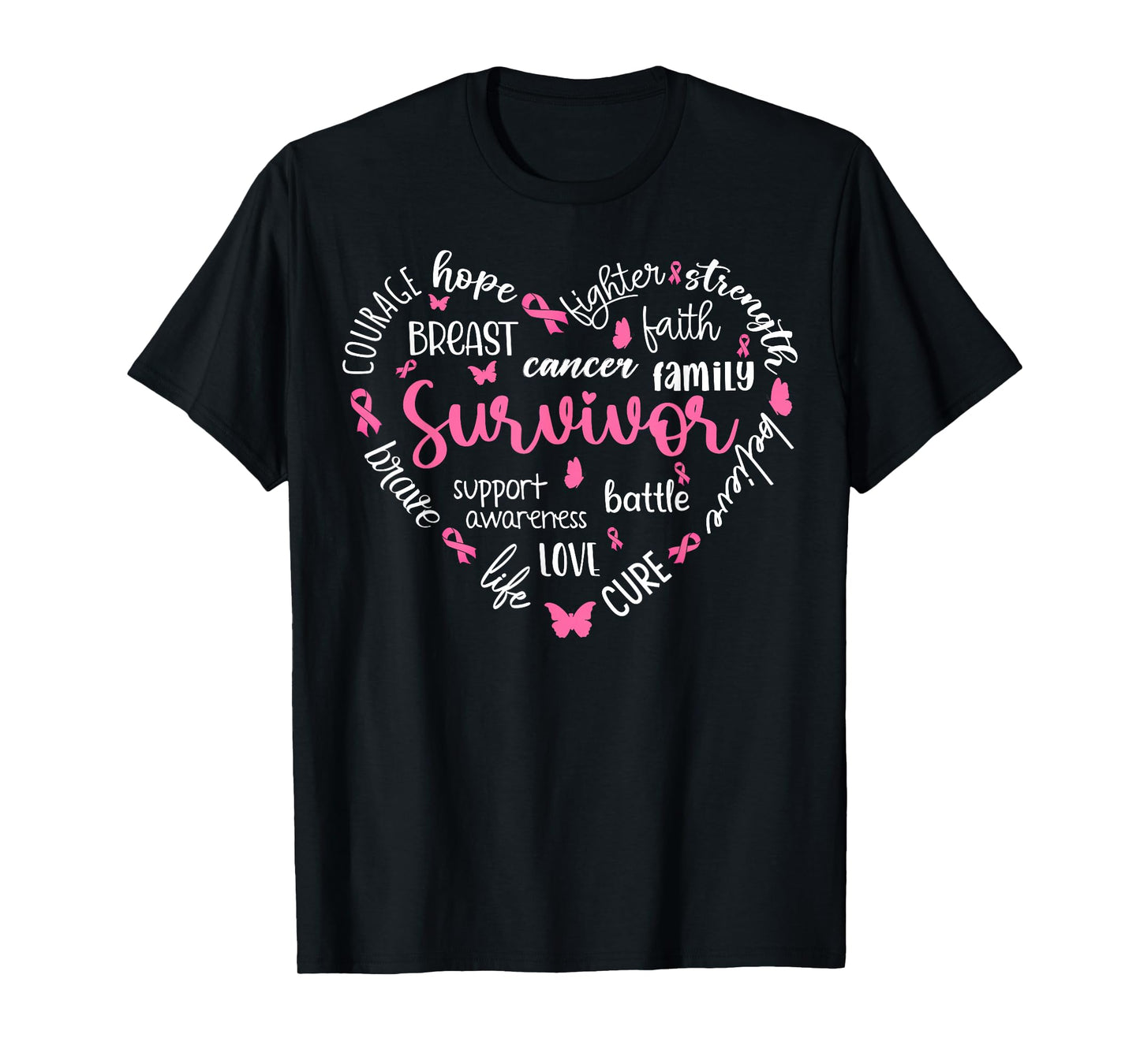 Pink Ribbon Heart Breast Cancer Awareness Survivor Warrior T-Shirt
