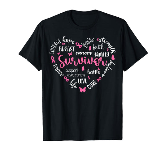 Pink Ribbon Heart Breast Cancer Awareness Survivor Warrior T-Shirt