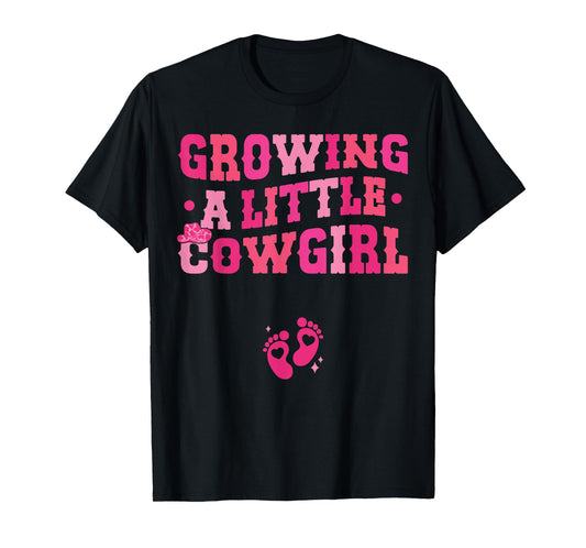 Country Pregnancy Announcement Apparel Co. Growing a Little Cowgirl - Black X-Small Short Sleeve Crew Neck T-Shirt