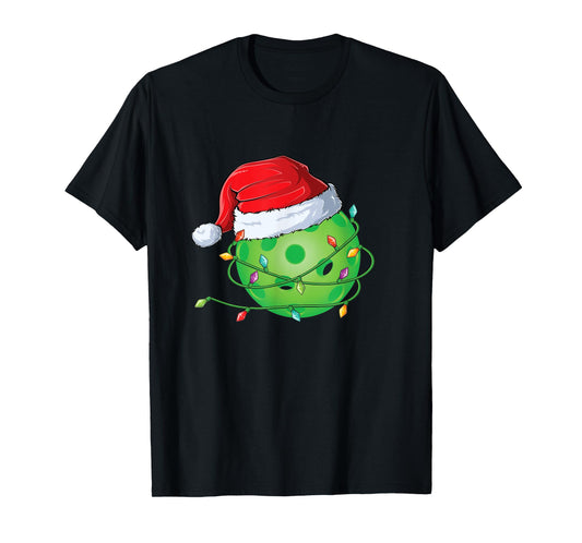 Christmas Pickleball in Santa Hat wrapped in Holiday Lights T-Shirt