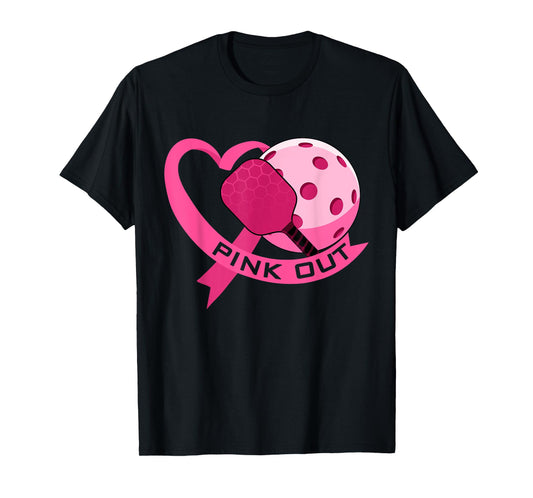 Pink Out Breast Cancer Pink Ribbon Heart & Pickleball Ball T-Shirt