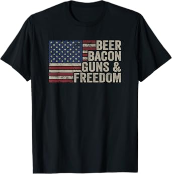 BEER BACON GUNS & FREEDOM - BBQ Vintage USA Flag Drinking T-Shirt, Black, Small