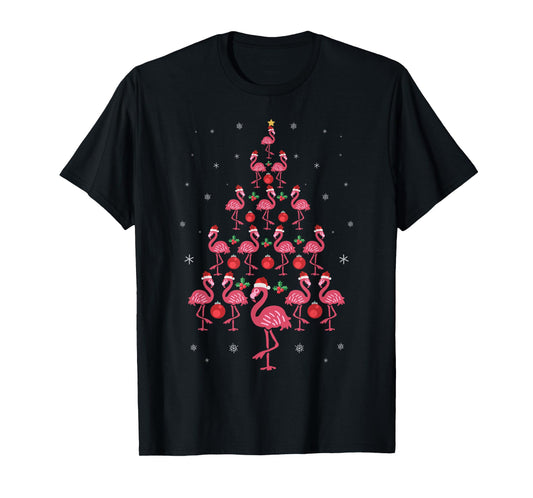 Funny Christmas Pink Flamingo Tree Holiday Gift Bird Lover T-Shirt