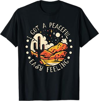 Valgory Vintage Unisex-Adults Black Cotton, Polyester Blend T-Shirt - I Got An Easy Peaceful Feeling Mountains Cactus