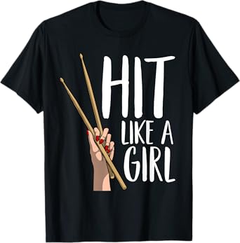 Cute Percussion Instrument Drumstick Hand Designs Black T-Shirt - Funny Hit Like A Girl Gift For Women Kids Cool Drummer Girl T-Shirt - Small