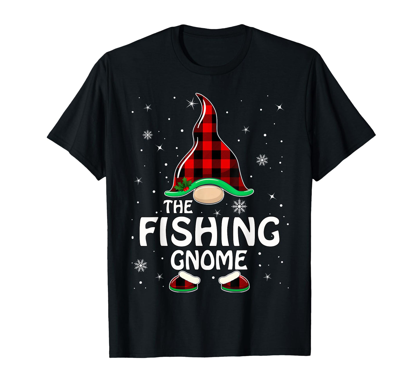 Fishing Gnome Buffalo Plaid Matching Family Christmas Pajama T-Shirt