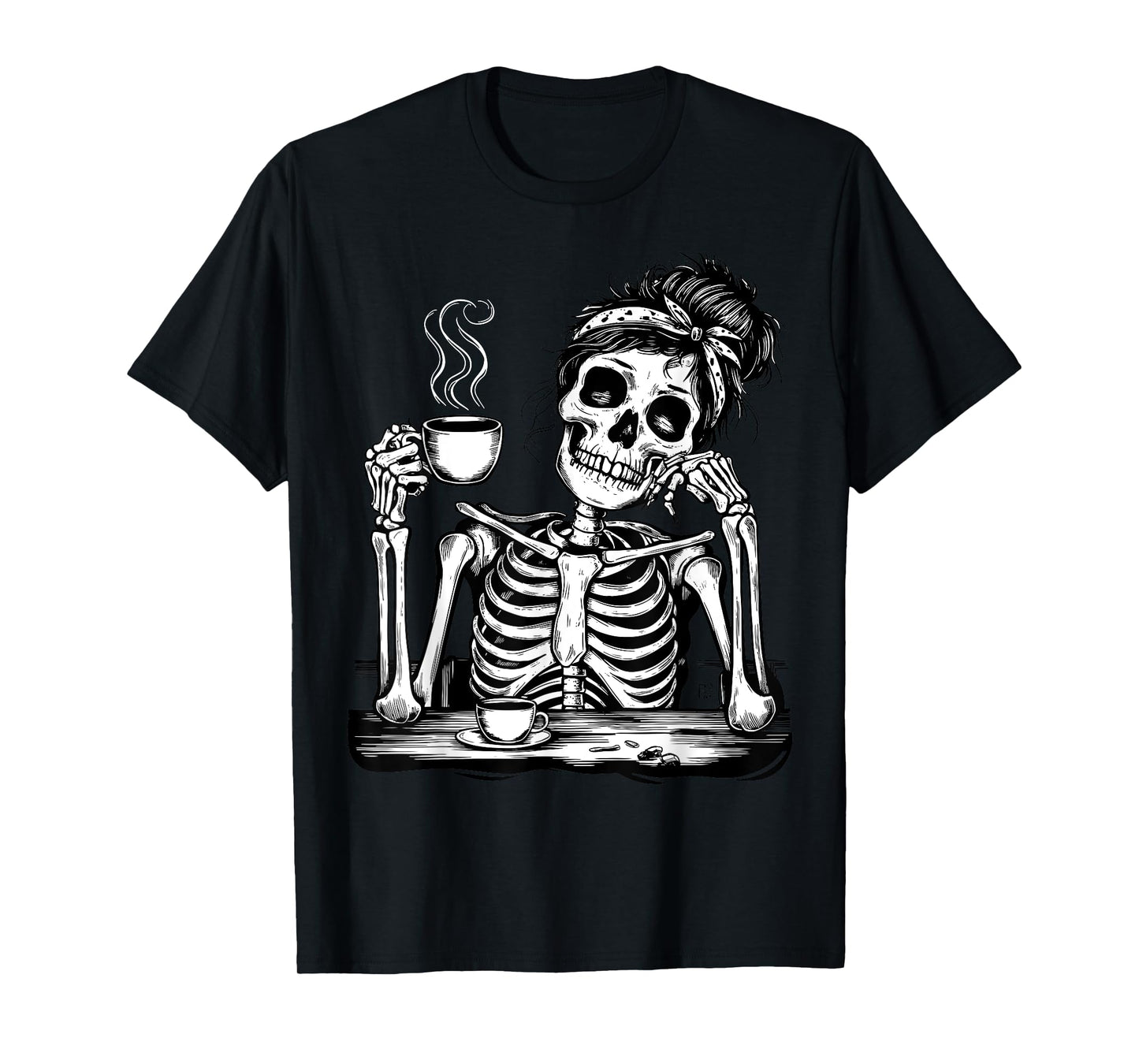 Messy Bun Drinking Coffee For Women Skeleton Tired Mom T-Shirt
