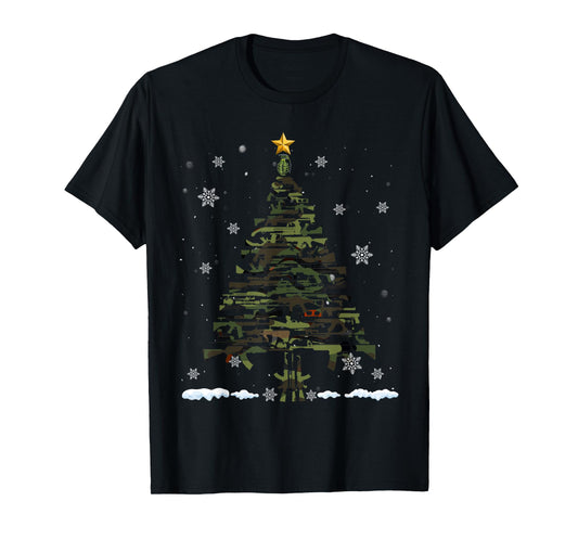 Gun Christmas Tree Funny Xmas 2024 Gifts Gun Lover Veteran T-Shirt