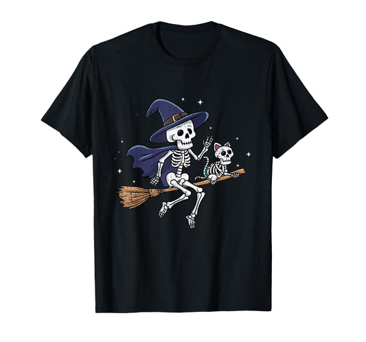 Skeleton Witch Cat Halloween Spooky Witchy Women Kids T-Shirt
