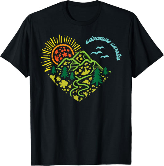 Adventure Awaits Mountains Sun Camping Hiking Women Kids Men T-Shirt