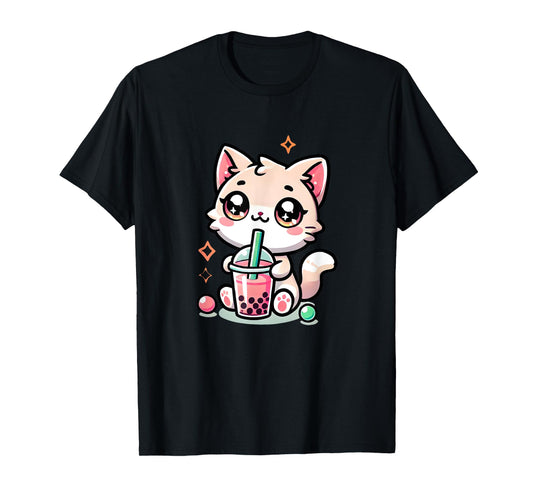 Cute Cat Boba Tea Bubble Tea Anime Kawaii Neko Women Girls T-Shirt