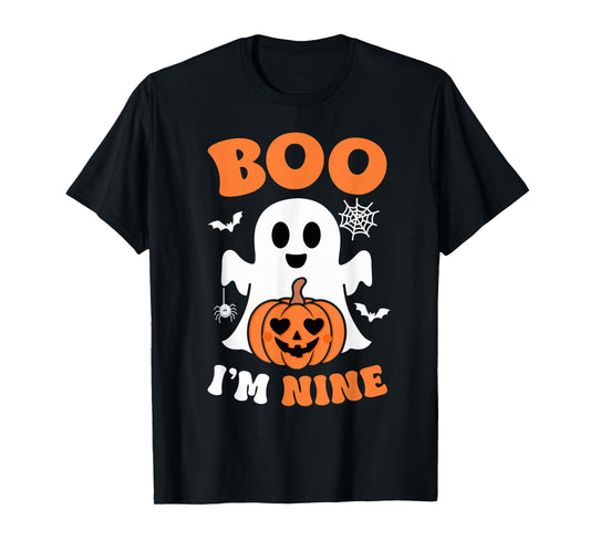 Ghost Boo I'm Nine Year 9th Birthday Boys Halloween Groovy T-Shirt