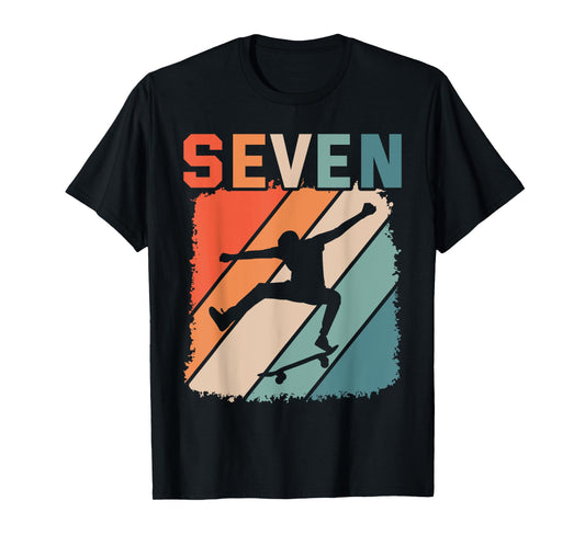 7th Birthday Retro Skateboard Skater Boys Kids 7 Years Old T-Shirt