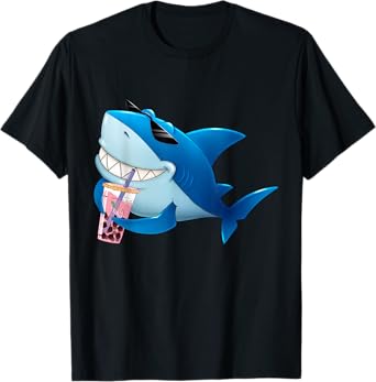 Cute Shark Drinking Bubble Boba Tea Boy Men T-Shirt