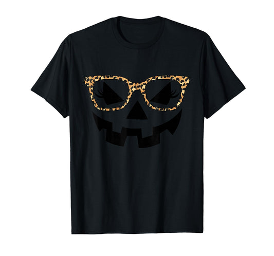 Jack O Lantern Face Pumpkin Halloween Leopard Print Glasses T-Shirt