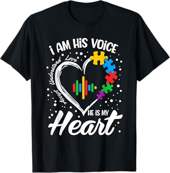Autism Awareness Mom Shirt I Am His Voice He Is My Heart T-Shirt