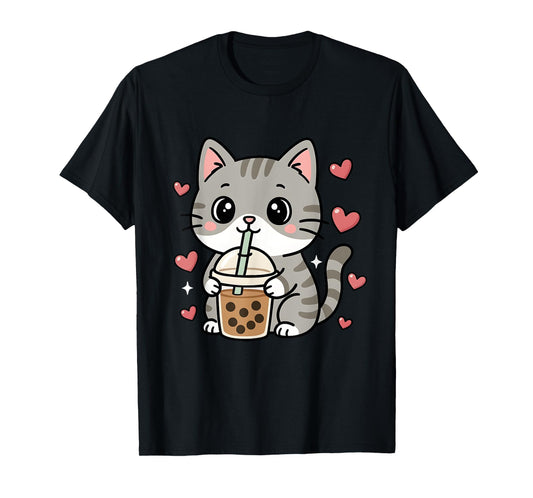 Cute Grey Cat Boba Tea Bubble Tea Anime Kawaii Neko Women T-Shirt