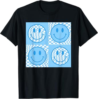 Checkered Pattern Smile Face Meme Blue Happy Face Colorful T-Shirt
