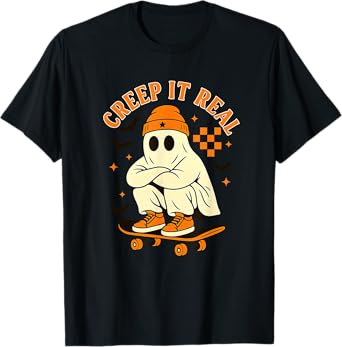 Creep it Real Ghost Skateboard Halloween Skateboarding T-Shirt
