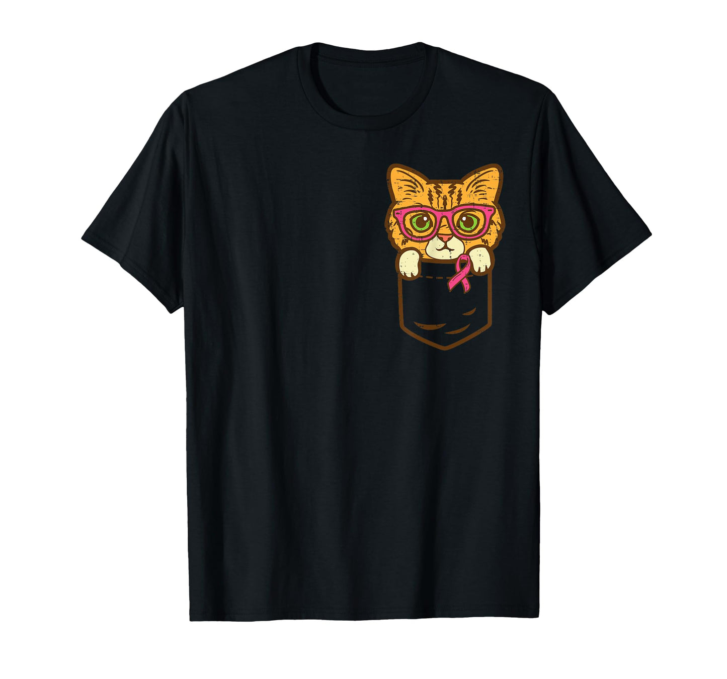 Pocket Cat Ribbon Breast Cancer Awareness Men Women Kids T-Shirt