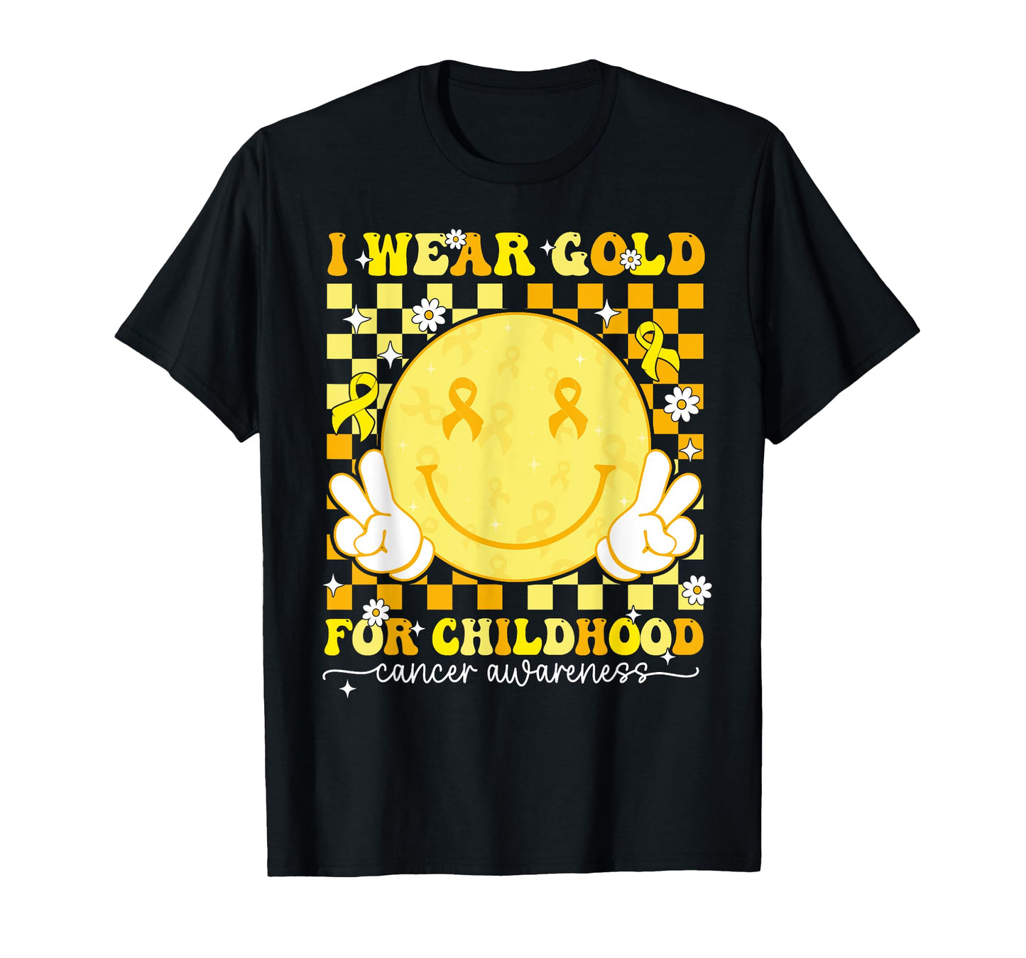 I Wear Gold Childhood Cancer Awareness Ribbon Groovy Retro T-Shirt
