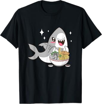 Cute Japanese Anime Chibi Kawaii Shark Eat Ramen Kids Girls T-Shirt