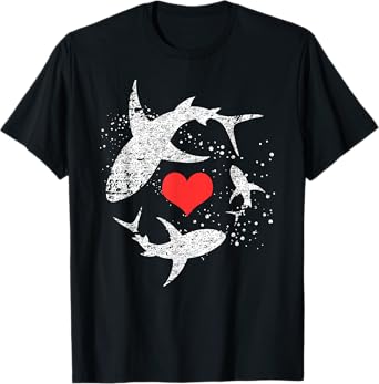 Vintage Shark Silhouette Hammerhead Shark Tiger Shark Heart T-Shirt