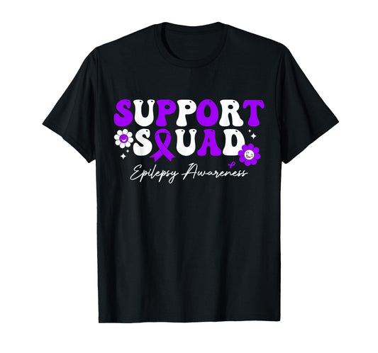 Groovy Support Squad Epilepsy Awareness Purple Ribbon T-Shirt