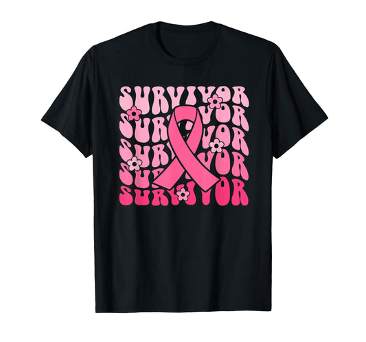 Groovy Pink Ribbon Breast Cancer Awareness Month Survivor T-Shirt