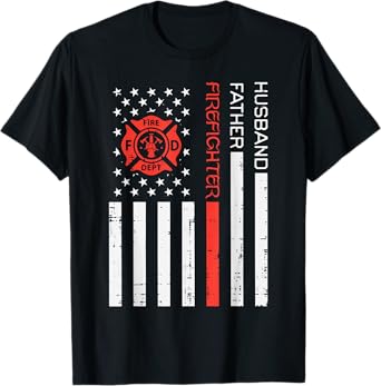 Husband Father Firefighter US Flag Red Line Fathers Day Men T-Shirt
