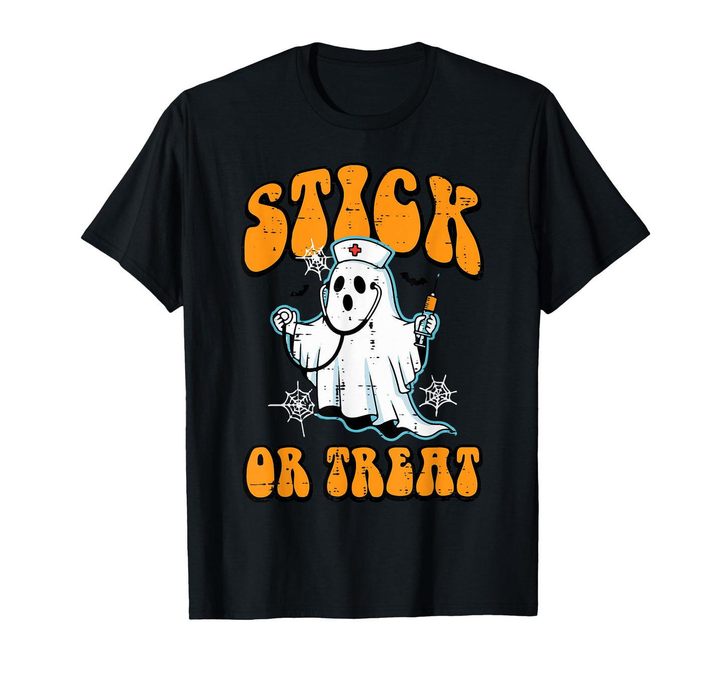 Halloween Ghost Nurse Stick Or Treat Costume Scrub Top Women T-Shirt