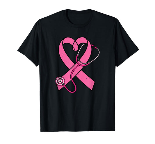 Pink Ribbon Stethoscope Breast Cancer Awareness Nurse T-Shirt