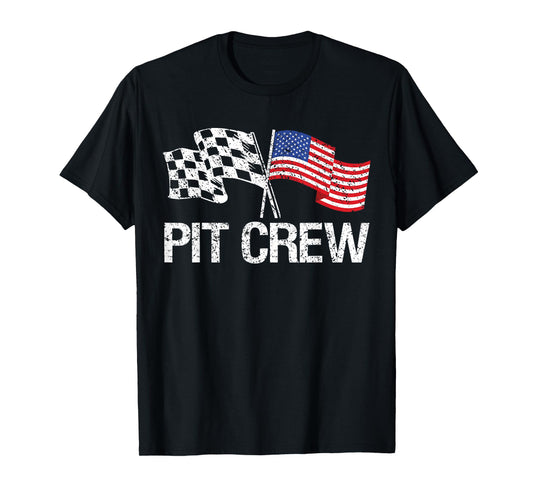 Pit Crew for Race Car Parties USA Racing Flag T-Shirt