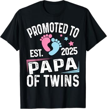 Promoted To Papa Of Twins Est 2025 Baby Shower T-Shirt